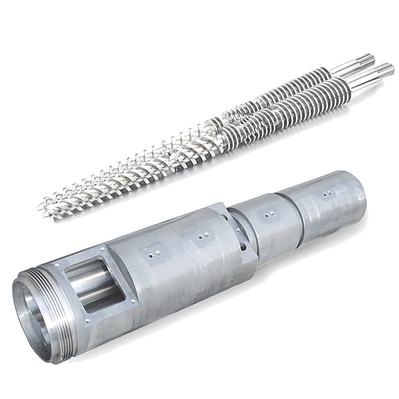Machined twin screw set on the workshop floor
